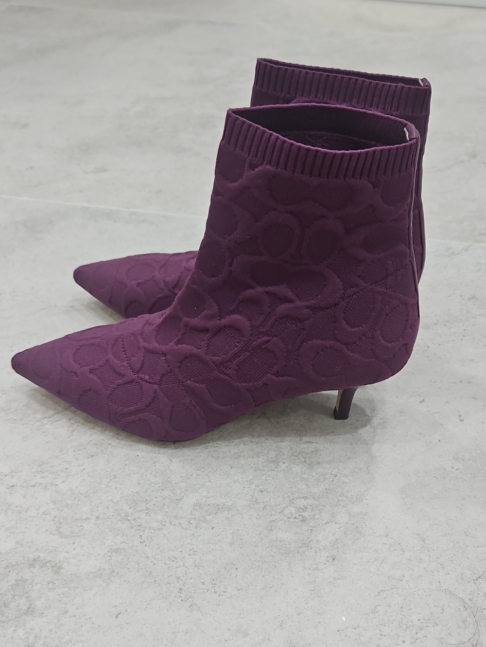 Coach Pointed Toe Sock Booties Burgundy Signature C Jacquard Kitten Heel Boots